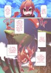  anthro comic day detailed_background digital_media_(artwork) dragon english_text grass green_eyes hair hi_res horn membrane_(anatomy) membranous_wings open_mouth outside plant red_body red_hair red_skin ru_(rudragon) rudragon sky solo teeth text tongue wings 