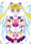  1girl backlighting bishoujo_senshi_sailor_moon blonde_hair blue_eyes choker cowboy_shot crescent crescent_earrings crescent_facial_mark double_bun earrings elbow_gloves eternal_sailor_moon facial_mark feathers forehead_mark frilled_skirt frills gloves glowing jewelry long_hair marco_albiero miniskirt sailor_moon signature skirt solo staff tsukino_usagi twintails very_long_hair white_gloves wings 