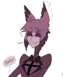  alastor_(hazbin_hotel) anthro blush bovid caprine cervid clothed clothing demon dialogue duo fangs female hair hazbin_hotel hi_res humanoid humanoid_on_anthro male male/female mammal multicolored_hair sheep sheep_demon_(hazbin_hotel) simple_background smile speech_bubble sprinklecake00z two_tone_hair white_background 