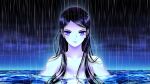  1girl black_hair blue_sky breasts commentary_request dark_sky highres italian_commentary long_hair marco_albiero medium_breasts mortebianca partially_submerged pink_lips purple_eyes rain sky solo upper_body 