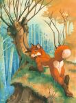  2016 all_fours anthro biped breasts butt canid canine detailed_background female forest fox fur grass looking_at_viewer mammal nude oil_painting_(artwork) orange_body orange_fur outside painting_(artwork) pawpads paws plant scale_(artist) solo traditional_media_(artwork) tree white_body white_fur 