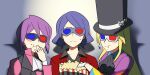  3boys 3d_glasses :t avery_(pokemon) bangs black_headwear blonde_hair blush_stickers brown_shirt collared_shirt commentary_request cravat eating elite_four food food_on_face gloves grey_neckwear hand_up hat hat_ribbon highres jacket kiwi_of_ruin korean_commentary long_hair lucian_(pokemon) male_focus motion_lines multiple_boys pokemon pokemon_(game) pokemon_dppt pokemon_hgss pokemon_swsh popcorn purple_hair purple_shirt red_jacket ribbon shirt short_hair sidelocks top_hat white_neckwear will_(pokemon) 