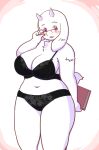  anthro big_breasts blush book bovid bra breasts caprine chest_tuft clothing eyewear female fur glasses goat hi_res holding_object horn mammal midriff navel open_mouth panties purple_eyes solo standing toriel toriellove tuft undertale underwear video_games white_body white_fur 