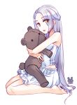  1girl barefoot bloomers chemise eyebrows_visible_through_hair hisato_ar long_hair looking_at_viewer original profile purple_hair sitting solo stuffed_animal stuffed_toy teddy_bear underwear wariza white_hair yellow_eyes 