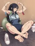  1girl armpits arms_up bare_arms bare_legs bare_shoulders barefoot black_eyes black_hair blue_shorts crossed_legs feet full_body gym_shorts highres legs long_hair looking_at_viewer maku_(l-u) original shoes shoes_removed shorts sitting sneakers socks soles tank_top toes toned 