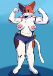  2021 absurd_res anthro bottomwear breasts clothed clothing crossgender cutoffs daisy_dukes denim denim_clothing domestic_cat epic_games felid feline felis female flexing fortnite front_view full-length_portrait hi_res hotpants looking_at_viewer mammal meowscles_(fortnite) mtf_crossgender multi_nipple navel nipples portrait samoyena shorts smile solo standing suspenders topless video_games 