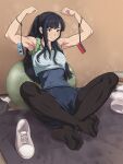  1girl armpits arms_up bare_arms bare_shoulders black_eyes black_hair black_legwear blue_shorts crossed_legs feet full_body gym_shorts highres legs long_hair looking_at_viewer maku_(l-u) original pantyhose shoes shoes_removed shorts sneakers socks soles tank_top toes toned 