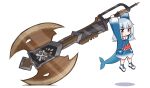  1girl absurdres angry animal_costume charge_blade eyebrows_visible_through_hair fish_tail gawr_gura hanging highres hololive hololive_english long_sleeves monster_hunter_(series) shark_costume shark_tail simple_background size_difference tail vozmad white_background 
