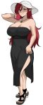  1girl black_dress breasts cleavage dress feet hat highres jewelry large_breasts long_hair mole mole_on_breast necklace pointy_ears raban2950 red_eyes red_hair sandals simple_background solo thighs white_background white_headwear 