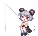  1girl animal_ears bangs black_footwear blouse blue_eyes blush capelet chair commentary_request cookie_(touhou) eyebrows_visible_through_hair fishing_line fishing_rod full_body grey_hair grey_skirt grey_vest long_sleeves lowres mouse_ears nazrin nyon_(cookie) open_mouth red_eyes shoes short_hair simple_background sitting skirt socks solo touhou vest white_background white_blouse white_capelet white_legwear xox_xxxxxx 