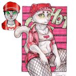  2021 anthro blue_formalin breasts clothed clothing crop_top domestic_cat felid feline felis female fishnet fishnet_legwear fur green_eyes hat headgear headwear hi_res hotcat_(energy_drink) jacket legwear looking_at_viewer mammal mascot midriff open_clothing open_jacket open_topwear portrait red_clothing red_jacket red_topwear shirt sitting solo three-quarter_portrait topwear white_body white_fur 