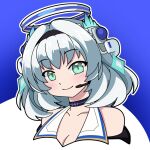  1girl eyebrows_visible_through_hair green_eyes hair_ornament hairband kamishiro_rita microphone prism_project shinjitsu short_hair silver_hair smile two_side_up upper_body 