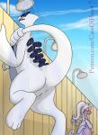  blush communal_shower drake_drachenlicht duo embarrassed erection female feral genitals goodra hi_res legendary_pok&eacute;mon lugia male nintendo outside patreon penis pok&eacute;mon pok&eacute;mon_(species) public_shower pussy shower showering text url video_games white_body 