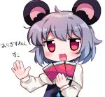 1girl animal_ears bangs black_dress blouse blush capelet cookie_(touhou) dress eyebrows_visible_through_hair grey_hair hair_between_eyes holding long_sleeves looking_at_viewer mouse_ears nazrin nyon_(cookie) open_mouth red_eyes short_hair simple_background solo touhou translation_request upper_body white_background white_blouse white_capelet xox_xxxxxx 