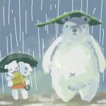  anthro clothed clothing dot_eyes eyes_closed fur ghibli group kemono low_res mammal my_neighbor_totoro navel outside polar_bear raining umbrella ursid ursine utsuki_maito white_body white_fur 