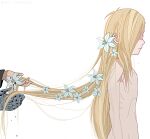  2boys absurdly_long_hair alphonse_elric androgynous arms_at_sides artist_name automail blonde_hair blood blood_drop bloody_hands brothers closed_mouth colored_eyelashes commentary completely_nude crying dee-toraburu edward_elric emaciated english_commentary expressionless eyelashes facing_away fingernails flower from_side fullmetal_alchemist hair_flower hair_ornament hair_over_one_eye hands hip_bones holding holding_hair lily_(flower) long_hair long_sleeves male_focus messy_hair multiple_boys navel nude out_of_frame outstretched_hand pale_skin profile ribs shaded_face siblings simple_background standing straight_hair streaming_tears teardrop tears upper_body very_long_hair white_background white_flower 