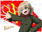  1girl bangs blonde_hair blue_eyes bob_cut character_name commentary_request cyrillic emblem eyebrows_visible_through_hair fang girls_und_panzer green_jacket hand_on_hip insignia jacket katyusha_(girls_und_panzer) kirisaki_reina long_sleeves looking_at_viewer open_mouth outstretched_arm partial_commentary pravda_(emblem) pravda_school_uniform red_shirt russian_text school_uniform shirt short_hair smirk snowflake_background solo turtleneck upper_body v-shaped_eyes 
