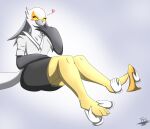  &lt;3 accipitriform aggressive_retsuko anthro avian bird blush disembodied_hand eyes_closed female foot_rub hi_res high_heels misterfis one_shoe_on sanrio secretary_bird secretary_washimi solo 