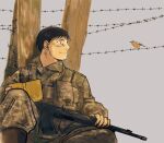  1girl barbed_wire beige_background bird black_eyes black_hair book boots brown_footwear camouflage camouflage_jacket camouflage_pants closed_mouth dirty dirty_face fullmetal_alchemist gun highres holding holding_book jacket jitome knee_up looking_at_animal looking_away military military_uniform open_book pants profile roy_mustang simple_background sitting smile solo uniform urikurage weapon weapon_request 