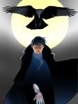  1boy adjusting_clothes adjusting_gloves amestris_military_uniform backlighting bird black_coat black_hair black_theme blue_jacket closed_eyes closed_mouth clothes_lift coat collared_jacket crow dark_blue_hair darkness facing_viewer feet_out_of_frame floating_hair full_moon fullmetal_alchemist gloves gradient gradient_background gradient_clothes gradient_hair grey_background head_down jacket light_smile male_focus moon moonlight multicolored_hair open_clothes open_coat roy_mustang shaded_face urikurage white_background white_gloves 