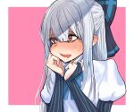  1girl bangs blush bow bridal_gauntlets commentary_request ear_blush girls_frontline hair_between_eyes hair_bow hand_on_own_cheek hand_on_own_face highres juliet_sleeves jump_stingray long_hair long_sleeves open_mouth puffy_sleeves red_eyes saliva silver_hair solo sweat tokarev_(girls_frontline) upper_body 
