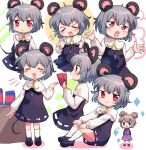  &gt;_&lt; 2girls ? animal_ears bangs black_blouse blouse blue_eyes blush blush_stickers candy chocolate chocolate_bar closed_eyes closed_mouth cookie_(touhou) crystal eyebrows_visible_through_hair fake_nyon_(cookie) flour food full_body grey_hair grey_skirt grey_vest hair_between_eyes jewelry looking_at_viewer looking_to_the_side mouse_ears mouse_tail multiple_girls multiple_views nazrin nyon_(cookie) open_mouth pendant purple_skirt purple_vest red_eyes short_hair skirt smile table tail touhou vest white_background white_blouse xox_xxxxxx 
