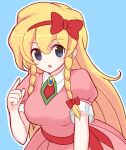  1girl :o bangs blonde_hair blue_background blue_eyes blush bow bow_hairband braid breasts castlevania castlevania:_rondo_of_blood collared_dress dress eyebrows_visible_through_hair hair_between_eyes hair_bow hairband hand_up large_breasts long_hair maria_renard open_mouth outline pink_dress puffy_short_sleeves puffy_sleeves red_bow red_hairband sash short_sleeves simple_background solo suta_(clusta) twin_braids very_long_hair white_outline 
