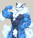  abs absurd_res anthro biceps blue_body blue_fur canid canine canis captainjohkid fur hair hi_res male mammal muscular muscular_anthro muscular_male orange_eyes pecs simple_background solo stripes 