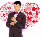  1boy adjusting_clothes adjusting_sleeves argyle argyle_background black_eyes black_hair black_jacket bow bowtie breast_pocket buttons clenched_hands closed_mouth collared_shirt facing_viewer formal fullmetal_alchemist hair_slicked_back hands_up heart heart_background heart_in_pocket heart_on_chest highres jacket light_smile looking_afar male_focus pocket polka_dot polka_dot_background red_bow red_neckwear roy_mustang shirt simple_background suit upper_body urikurage white_background white_shirt 