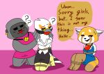  ? absurd_res accipitriform aggressive_retsuko ailurid anthro ape avian ball_gag bdsm bird bodily_fluids bondage bound dialogue director_gori english_text female gag gagpal3 gorilla group haplorhine hi_res mammal primate red_panda retsuko rope rope_bondage sanrio secretary_bird secretary_washimi sweat sweatdrop text 