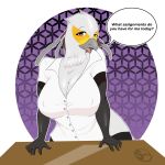  2018 accipitriform aggressive_retsuko anthro avian bedroom_eyes big_breasts bird breasts cleavage clothed clothing desk dialogue digital_media_(artwork) english_text female furniture hi_res looking_at_viewer narrowed_eyes nipple_outline non-mammal_breasts sanrio secretary_bird secretary_washimi seductive signature solo suki262 text 