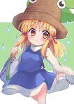  1girl bangs blonde_hair blush brown_eyes brown_headwear closed_mouth commentary_request cowboy_shot eyebrows_visible_through_hair hair_ribbon hat holding holding_umbrella leaf_umbrella long_sleeves looking_at_viewer medium_hair moriya_suwako purple_skirt purple_vest ribbon shirt skirt skirt_set smile solo touhou turtleneck umbrella vest water_drop white_background white_shirt wide_sleeves xox_xxxxxx 