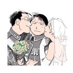  1girl 2boys 2cko aiguillette amestris_military_uniform backless_dress backless_outfit black_hair border bouquet cheek_kiss closed_eyes closed_mouth collared_jacket commentary_request dress elbow_gloves expressionless eyebrows_visible_through_hair flower from_side fullmetal_alchemist glasses gloves gracia_hughes grey_jacket hand_on_another&#039;s_arm hand_on_another&#039;s_shoulder happy holding holding_bouquet holding_hands husband_and_wife interlocked_fingers jacket jewelry kiss leaf looking_at_viewer maes_hughes medal messy_hair military military_uniform multiple_boys nervous profile ring rose roy_mustang sandwiched sash short_hair smile strapless strapless_dress sweatdrop uniform veil wedding_dress white_border white_dress white_gloves yellow_flower yellow_rose 