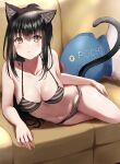  1girl animal_ear_fluff animal_ears bare_arms bare_shoulders black_hair bra breasts cat_ears cat_girl cat_tail cleavage collarbone couch front-tie_bra front-tie_top grey_bra grey_panties groin highres long_hair looking_at_viewer medium_breasts mia_(fai1510) mole mole_on_breast navel on_couch original panties pillow ponytail sitting slit_pupils solo stomach string_bra striped striped_bra striped_panties tail tail_raised thighs underwear underwear_only yellow_eyes yokozuwari 