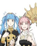 2girls :d alternate_hairstyle bags_under_eyes bangs black_jacket blue_hair blunt_bangs braid brown_eyes commentary crown_braid dirty dirty_face eyebrows_visible_through_hair fire_emblem fire_emblem:_three_houses flying_sweatdrops freikugel_(weapon) garreg_mach_monastery_uniform hairband hairstyle_switch hand_up highres hilda_valentine_goneril holding holding_weapon index_finger_raised jacket long_hair long_sleeves looking_at_viewer marianne_von_edmund multiple_girls open_mouth over_shoulder parted_lips pink_eyes pink_hair pink_hairband saiykik shirt short_hair_with_long_locks simple_background smile twintails upper_body weapon weapon_over_shoulder white_background white_shirt 