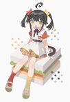  1girl :d ahoge arm_support arms_at_sides bangs belt belt_buckle black_belt black_hair black_neckwear black_ribbon black_tail buckle cat_hair_ornament cat_tail collared_shirt daizu_(melon-lemon) dress eyes_visible_through_hair film_grain floating_hair frills from_side full_body gloves green_eyes grey_background hair_ornament highres knees_together_feet_apart looking_at_viewer mismatched_legwear multicolored multicolored_eyes name_tag neck_ribbon no_nose open_mouth original petticoat pleated_dress pocket puffy_short_sleeves puffy_sleeves red_legwear red_shirt ribbon shiny shiny_hair shirt shoes short_dress short_hair short_sleeves short_twintails sidelocks simple_background sitting sleeve_cuffs sleeveless sleeveless_dress smile socks solo tail tareme twintails uwabaki white_dress white_footwear white_gloves yellow_legwear 