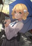  1girl absurdres black_skirt blonde_hair closed_mouth cloud commentary_request green_eyes harris_hero highres holding holding_umbrella indie_virtual_youtuber lips long_sleeves looking_at_viewer outdoors road shigure_ui_(vtuber) shirt short_hair skirt sky smile solo street striped umbrella vertical-striped_skirt vertical_stripes virtual_youtuber white_shirt yellow_sky 