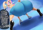  2020 anthro big_butt blush bonkers_(vimhomeless) bottomwear braces bulge butt clothed clothing dialogue digital_media_(artwork) ear_piercing english_text footwear girly gloves hair handwear hi_res high_heels lagomorph leporid looking_at_viewer looking_back male mammal pants piercing rabbit simple_background solo text topwear vimhomeless 
