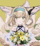  1girl absurdres animal_ears arknights bare_shoulders blonde_hair bouquet dress earpiece flower fox_ears fox_girl fox_tail green_eyes hair_rings hairband highres holding holding_bouquet infection_monitor_(arknights) koishi_(hibananana) kyuubi leaves_in_wind looking_at_viewer multiple_tails off-shoulder_dress off_shoulder open_mouth oripathy_lesion_(arknights) sidelocks solo suzuran_(arknights) tail upper_body white_dress yellow_background 