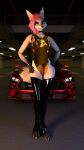  3d_(artwork) 9:16 anthro canid canine canis car claws clothed clothing collar digital_media_(artwork) ear_piercing ear_ring female ford ford_mustang fox fur hair hi_res impreza legwear looking_at_viewer mammal open_mouth outside parking piercing pink_hair simple_background solo stockings swimwear tan_body tan_fur text tridognait vehicle widescreen wristlet 