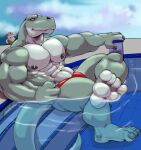  2021 abs anthro big_muscles clothing dinosaur duo hi_res huge_muscles looking_at_viewer male muscular muscular_anthro muscular_male navel nipples outside partially_submerged pecs poolside reptile scalie sitting solo_focus speedo swimwear waffle_(artist) water 