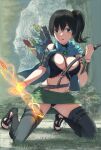  1girl arm_guards arrow_(projectile) bangs bare_shoulders between_breasts black_camisole black_hair black_panties blue_cloak blue_eyes blush bow_(weapon) bracelet breasts camisole chourui_keiko cleavage cloak commentary_request eyebrows_visible_through_hair forest full_body glowing_arrow grass green_skirt grey_legwear groin hair_between_eyes highleg highleg_panties highres holding holding_arrow holding_bow_(weapon) holding_weapon jewelry kneeling large_breasts leg_warmers long_hair looking_at_viewer midriff nature navel original panties parted_lips quiver sandals shadow side_ponytail sidelocks skirt solo strap_between_breasts underwear vambraces weapon 