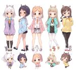  &gt;_&lt; 5girls :&lt; :p animal_ears arms_up ass belt black_dress black_footwear black_hair black_legwear black_shorts blue_cardigan blush braid brown_eyes brown_footwear brown_hair bunny_ears bunny_girl bunny_tail cardigan carrot chibi crossed_legs double_v dress eyebrows eyebrows_visible_through_hair forehead full_body glasses green_eyes grey_dress grey_skirt grin hair_ornament hairclip hands_in_pockets heart heterochromia highres kneehighs leggings long_hair multiple_girls orange_footwear original pantyhose pink_cardigan pink_footwear plaid plaid_dress plaid_skirt ponytail purple_cardigan senmen_kinuko shirt shoes short_dress short_hair short_shorts shorts silver_hair skirt smile tail thighband_pantyhose tongue tongue_out twin_braids twintails v white_legwear white_shirt yellow_shirt 