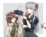  2girls arknights beige_coat black_pants black_shirt brown_hair buttons coat collarbone collared_shirt dragon_girl dragon_horns dragon_tail earrings eyebrows_visible_through_hair feather_hair glasses grey_background hat holding holding_clothes holding_hat horns id_card jewelry long_hair mabing motion_lines multiple_girls one_eye_closed orange_eyes pants police police_uniform rhine_lab_logo saria_(arknights) saria_(iron_law)_(arknights) shirt short_hair shoulder_pads silence_(arknights) silver_hair simple_background tail turtleneck uniform walkie-talkie 