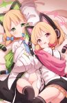  2girls :d :o animal_ears bed_sheet black_legwear blonde_hair blue_archive blue_neckwear blush bow cat_ear_headphones cat_ears collared_dress commentary_request dress fake_animal_ears frilled_dress frills green_bow green_eyes groin hair_bow headphones highres knee_up long_sleeves looking_at_viewer looking_back lying midori_(blue_archive) momoi_(blue_archive) multiple_girls necktie no_pants on_back on_side open_clothes open_dress open_mouth parted_lips red_bow red_eyes setmen sleeves_past_wrists smile tail_raised thighhighs white_dress wide_sleeves 