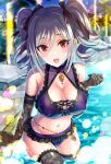  1girl :d bare_shoulders bikini black_gloves blurry bokeh breasts brooch cameltoe cleavage cleavage_cutout clothing_cutout commentary_request covered_nipples depth_of_field drill_hair elbow_gloves frilled_bikini frills gloves grey_hair highres idolmaster idolmaster_cinderella_girls jewelry kanzaki_ranko lace-trimmed_gloves lace_trim large_breasts light_rays long_hair looking_at_viewer navel open_mouth pool purple_bikini red_eyes smile solo stomach swimsuit thighhighs thighs twin_drills twintails urabi_(tomatohouse) wading water wet 