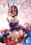  1girl absurdres ass bangs bare_shoulders bob_cut breasts eyeliner fate/grand_order fate_(series) feet flower food fruit fruit_bowl gourd grapes hair_flower hair_ornament headpiece highres horns japanese_clothes kimono long_sleeves looking_at_viewer looking_back makeup off_shoulder oni oni_horns open_mouth peach purple_eyes purple_hair purple_kimono revealing_clothes short_hair shuten_douji_(fate) sitting skin-covered_horns small_breasts smile soles wariza wide_sleeves zasshu 