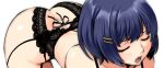  1girl :o all_fours ass ass_cutout bangs black_garter_belt blush bra_strap butt_crack closed_eyes clothing_cutout dark_blue_hair garter_belt garter_straps hair_ornament hairclip hanekawa_tsubasa itachou lace lace_garter_belt lace_panties lower_teeth open_mouth original panties short_hair simple_background solo underwear white_background 