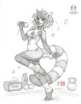  2021 ailurid anthro bodily_fluids breasts cleavage cleavage_cutout clothed clothing dumbbell exercise exercise_clothing female fur hair kacey mammal meiying open_mouth red_panda solo sweat weights 