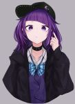  1girl :t absurdres alternate_costume alternate_hairstyle bangs baseball_cap black_jacket blunt_bangs bow bowtie choker cropped_torso diagonal_bangs earphones grey_background hat highres idolmaster idolmaster_shiny_colors index_finger_raised jacket looking_at_viewer nail_polish purple_eyes purple_hair purple_vest school_uniform simple_background solo spiked_choker spikes tanaka_mamimi tsuchi_(sh_spica1) upper_body vest 